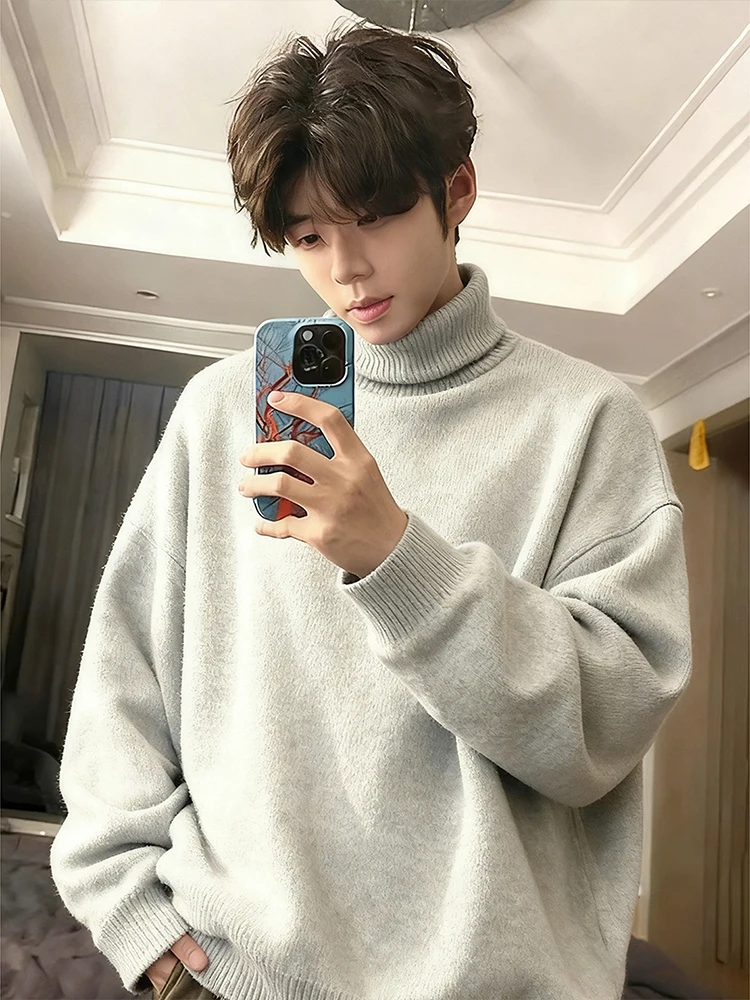 

Korean High Ne Men's Knitted Sweater Fce Lined Thiened Base Layer Loose Sle Winter Warm Inner Wear Lazy Sle Knitwear