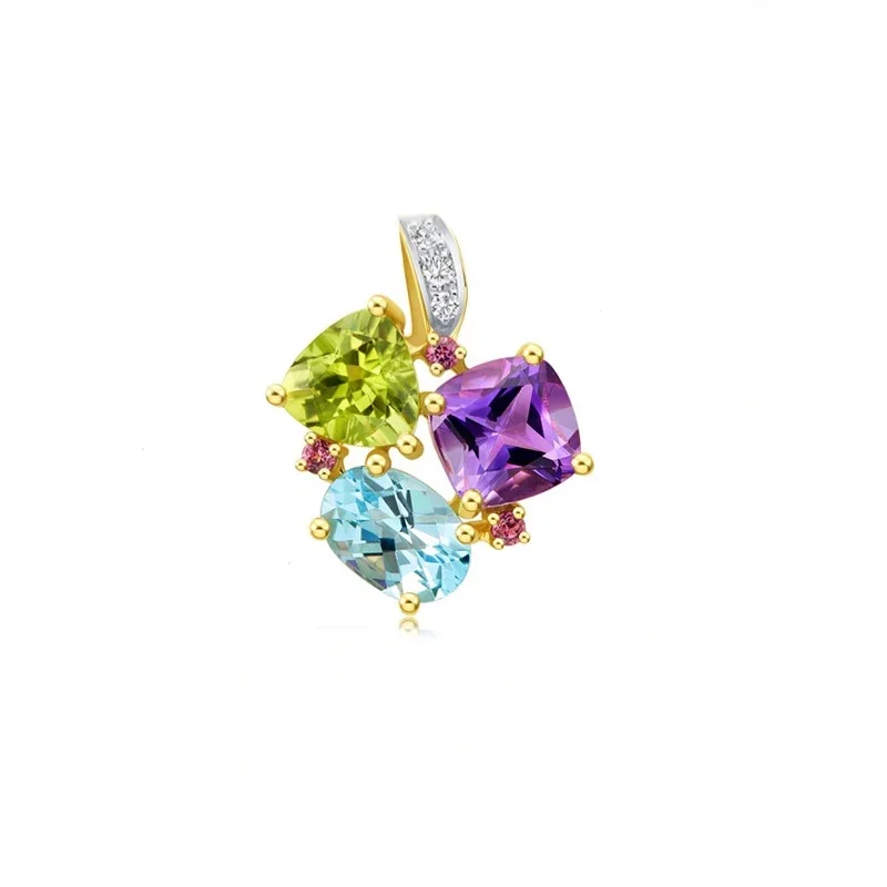 HELON Genuine sky blue topaz Amethyst Peridot Tourmaline Pendant Solid 18k 14k 10k Yellow Gold Diamonds Pendant Women Jewelry