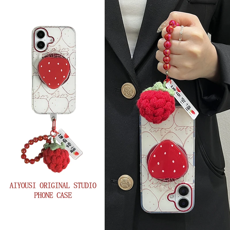 

Магнитные подставки Line Strawberry для iPhone 14, чехол Apple 16promax, ручная цепочка i13pro Slamproof 15promax14pro, через плечо