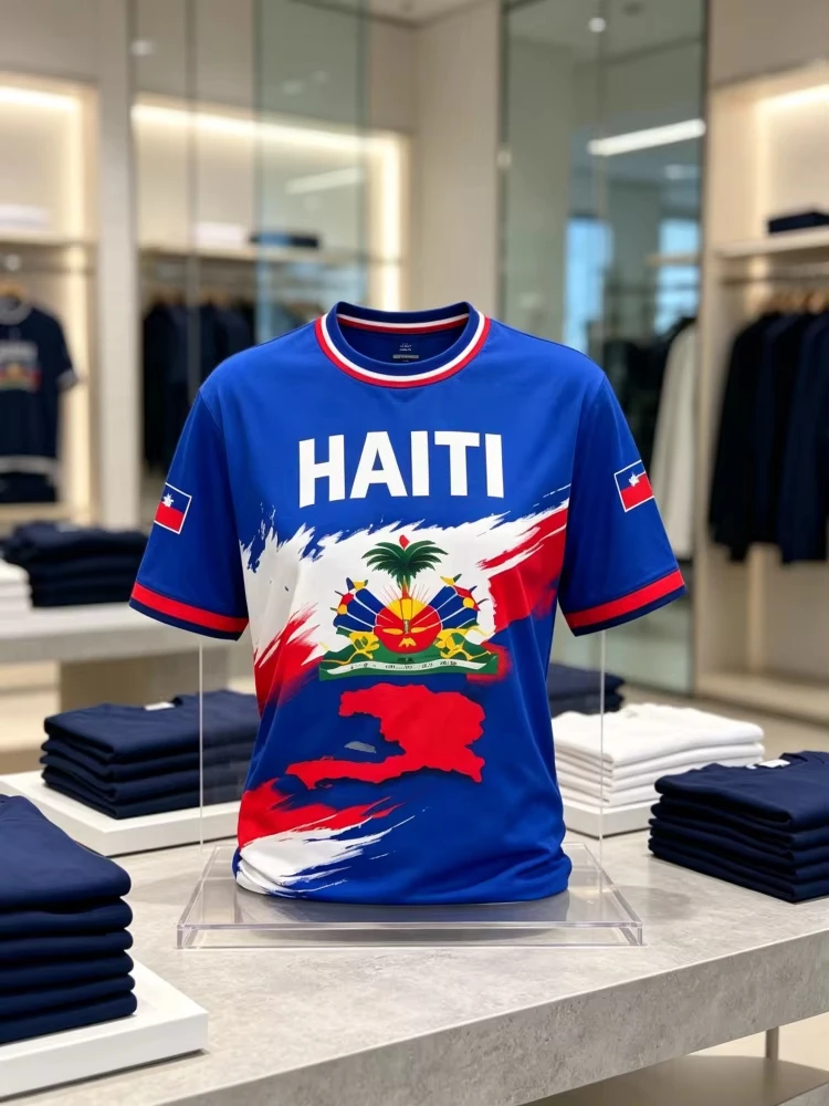 2026 Summer New Haiti Flag Soccer Jersey Retro Crewneck Short Sleeve T-shirt Breathable Loose Streetwear Casual Family Kids TeeS