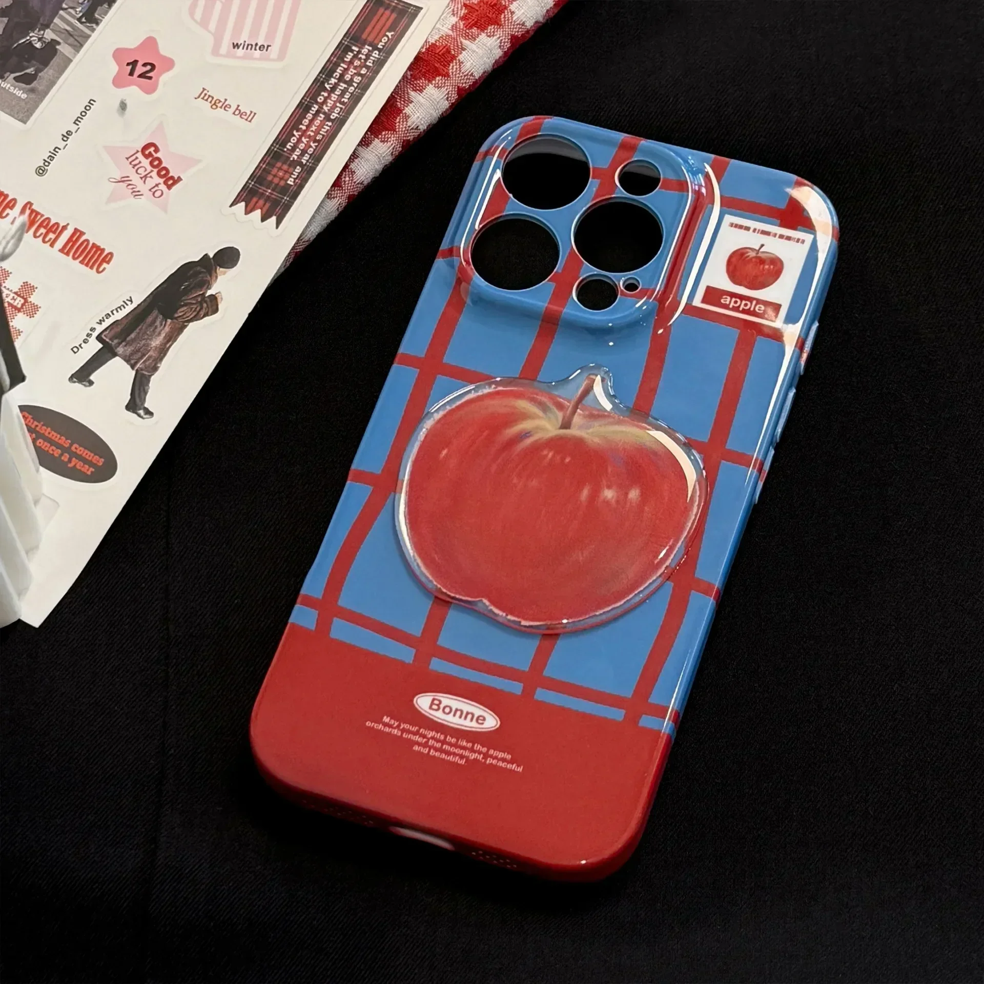 Korean Plaid 3D Red Apple Phone Case With Chain For iPhone 17 Air 16 15 14 13 12 11 Pro Max XS XR X 8 Plus Shockproof Hard Cover view 4