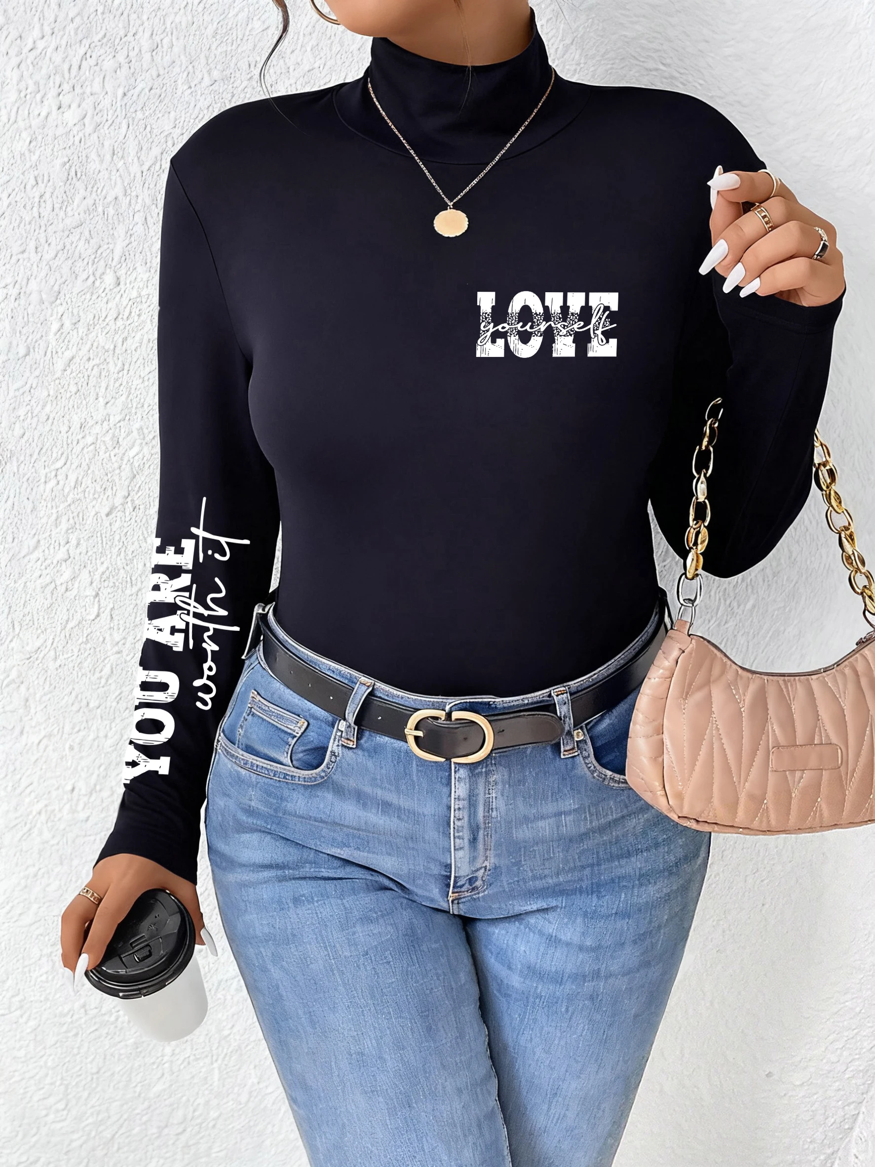 Camisetas con estampado Love Yourself para mujer, jersey cómodo y cálido, ropa de calle informal de manga larga que combina con todo, otoño