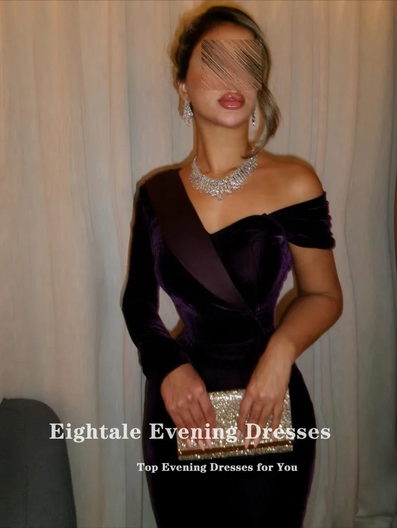 فستان سهرة أرجواني مخملي من Eightale لحفلات الزفاف مخصص بأكمام طويلة فساتين حفلات عربية رداء السهرة