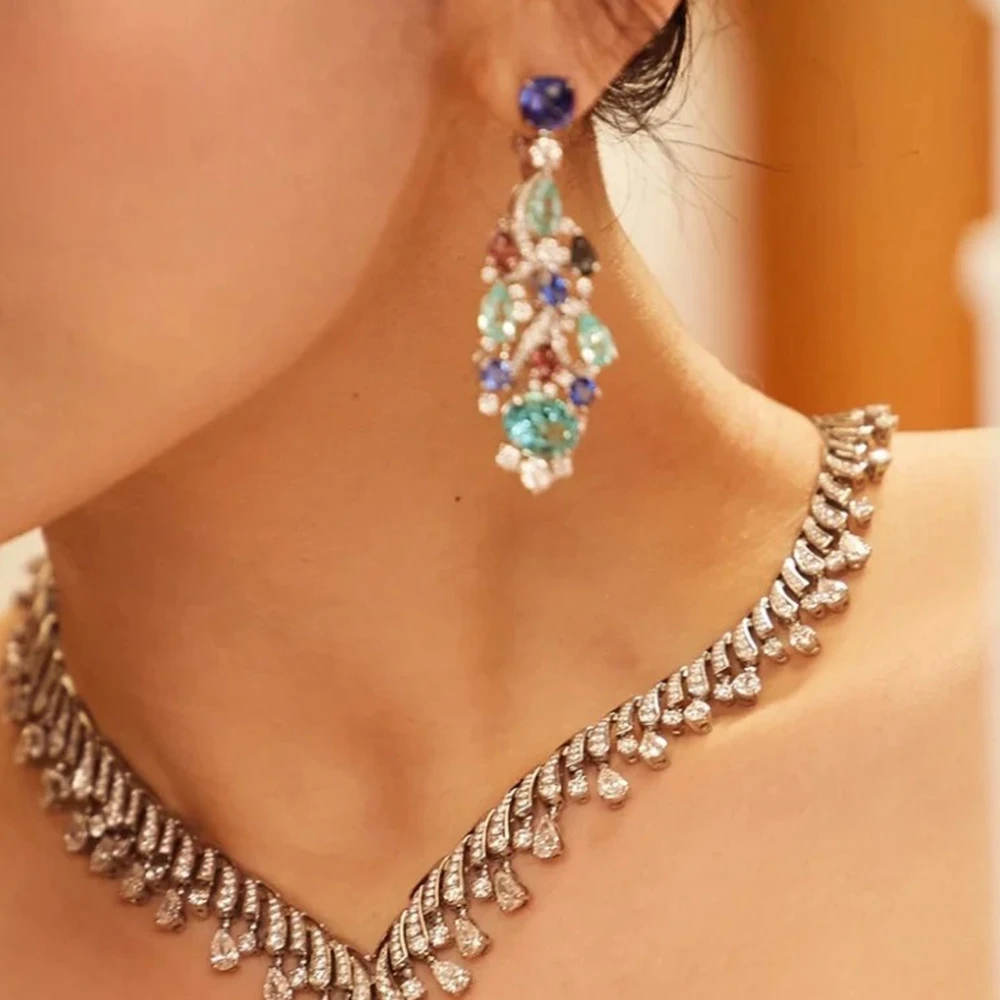 KQDANCE Vintage Duże Kolczyki Wiszące Koktajlowe z Srebra Próby 925 z Syntetycznym Szafirem Paraiba 7,2 CT i Diamentami Wysokowęglowymi, Elegancka Biżuteria Nowa