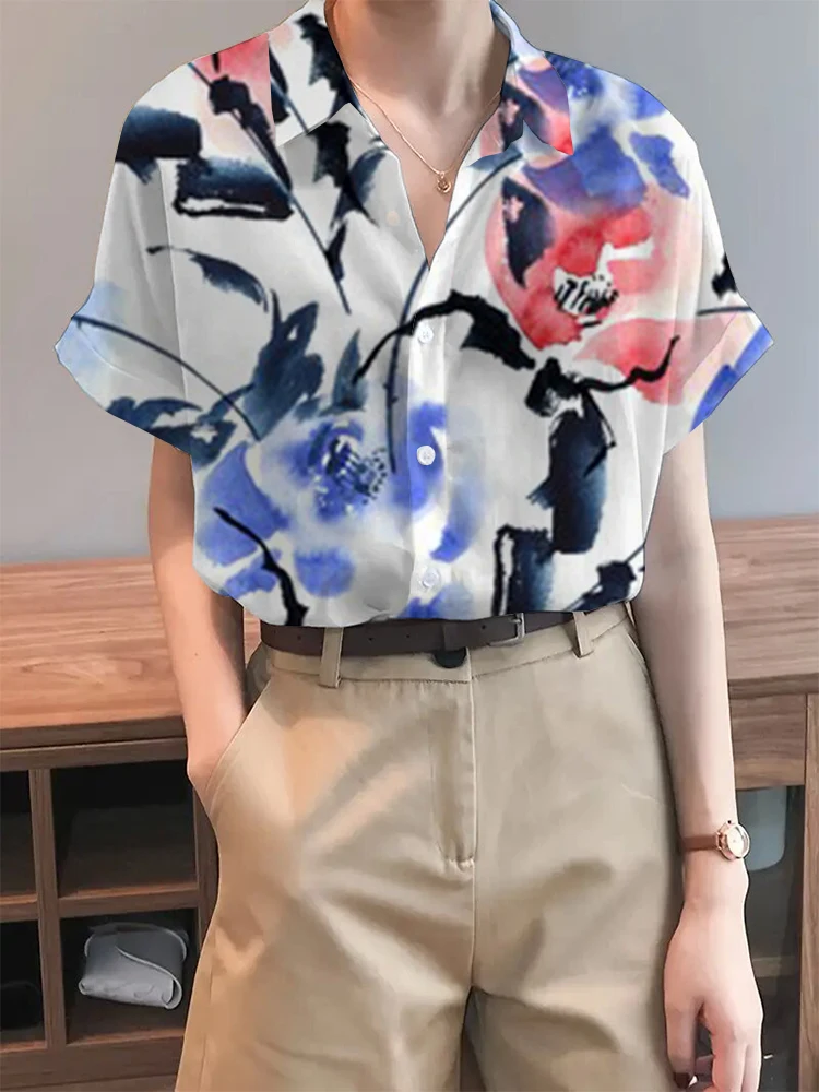 Fashion Pattern Printed Women\'s Shirt, Elegant Fashion Short Sleeve Button Down Shirt, 2024 Spring Summer Women\'s Daily Wear