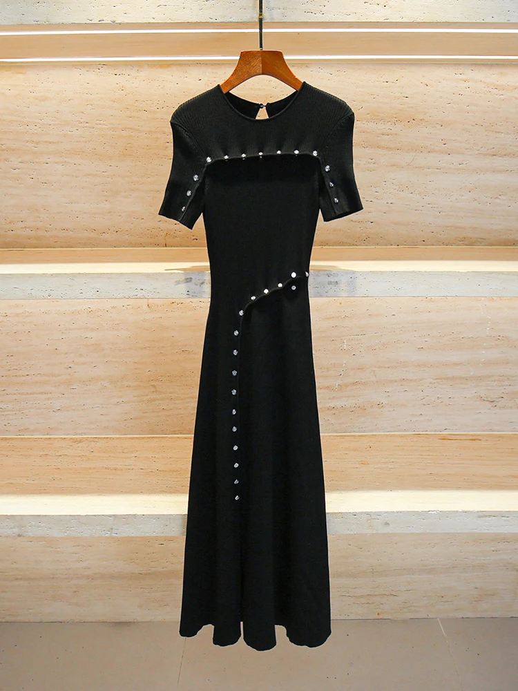 

MIGII French Sle Heavy Embellied Knitted Waist Cinching Women's Dr Hepburn Sle Long Skirt ort Sve round Ne