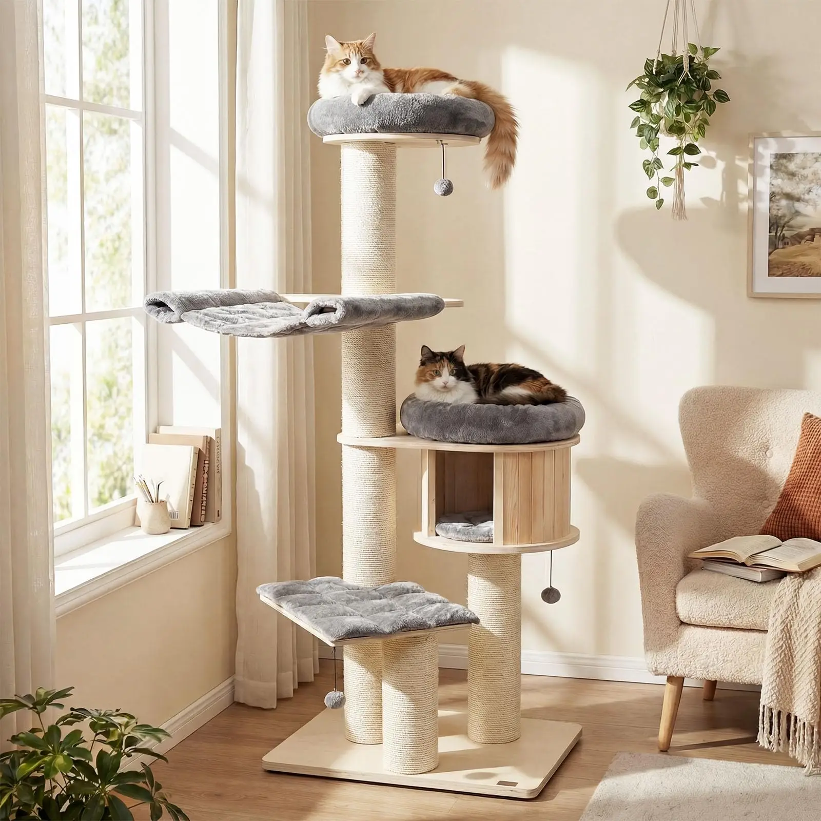 ern Cat Tree, Multi-Level Large Cat Tower with Condo, Hammocks & Hanging Basket, Tall Cat Tree with Sisal Posts