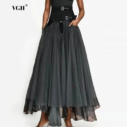 VGH Colorblack Spliced Belt Mesh Casual Long Skirts For Women High Waist Minimalistyczna luźna spódnica Odzież damska Fashion Style