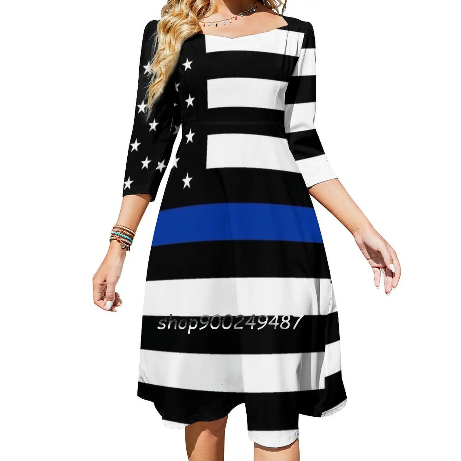 Thin Blue Line Square Neck Dress Cute Loose Print Dresses Elegant Beach Party Dress Thin Blue Line Police Protect Love Usa Cops