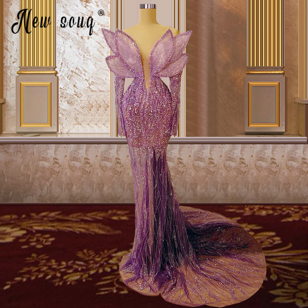 

Luxury Purple V Neck Evening Dress Beaded Illusion Gorgeous Arabic Formal Prom Gowns with Long Train 2022 Event Pageant Robes