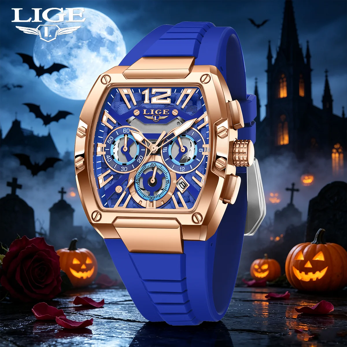 LIGE 2026 Luxury Watch For Men Silicone Waterproof Luminous Men Watch Calendar Chronograph Wrist Quartz Watch For Halloween Gift