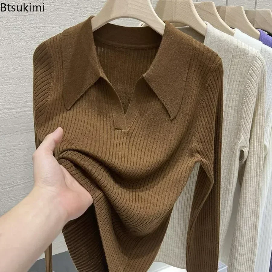 New 2025 Women's Turn-down Collar Long Sleeve Knitted Shirts Tops Solid Thin Sweater Female Elegant Knitwear Jumper Pullovers