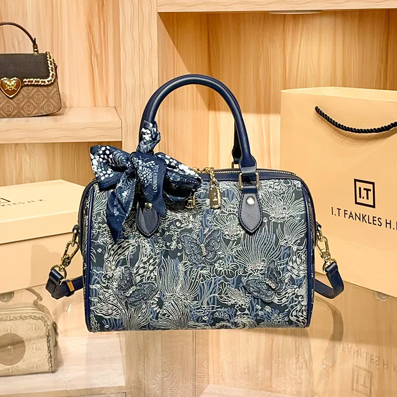 Fashion and Versatile Handheld Boston Bag with Beautiful Butterfly Lace and Scarves 2026 Women's Large Capacity Crossbody Bag