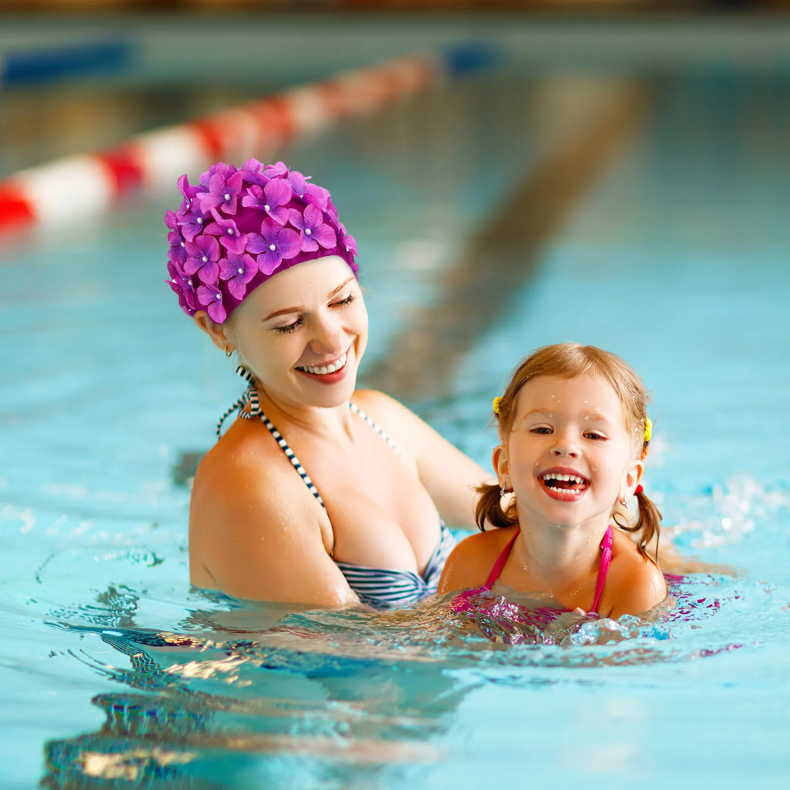 

2Pcs Swim Caps for Women Floral Elastic Swimming Caps Non Slip Breathable Swim Hats Long Hair Swimming Cap Women