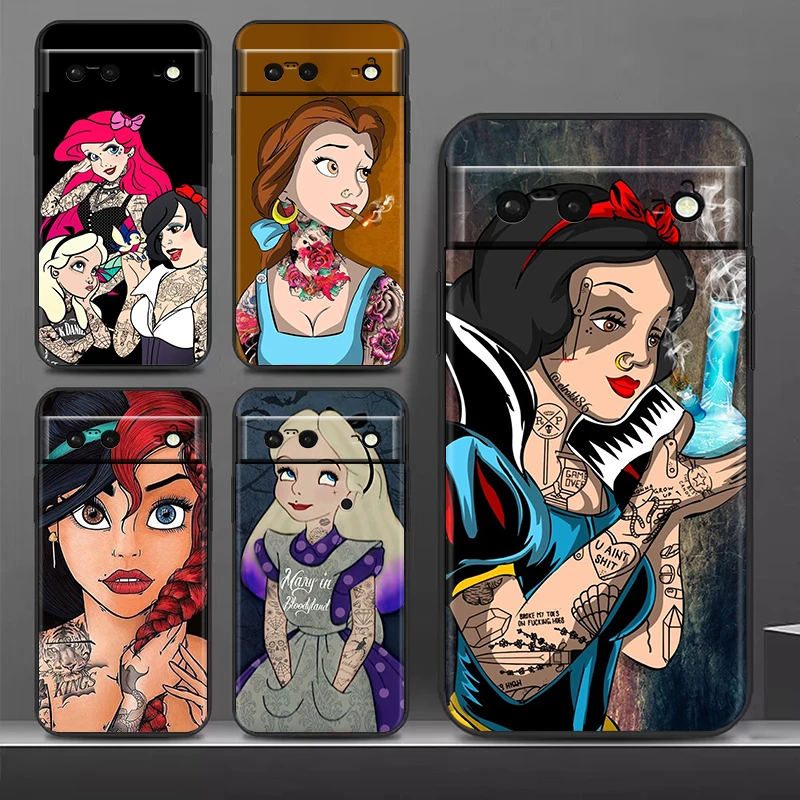 

Disney Princess Tattoo For Google Pixel 8 7A 7 6A 6 5A 5 4 4A XL 5G Black Silicon Shockproof Shell Phone Case