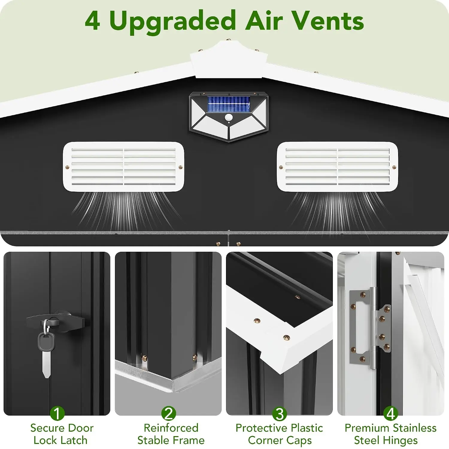 8 x 6FT Outdoor Storage Shed, Metal Garden Shed with Windows, Double Lockable Doors & Sloped Roof, Magnetic Solar Lamp