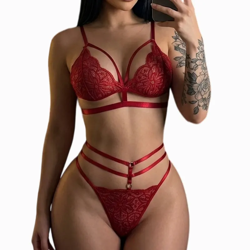 Women Lingerie Sexy Bra Thongs Garters Set Seamless Bralette Seductive Underwear Sets Transparent Lace Bandage Brassiere Panties