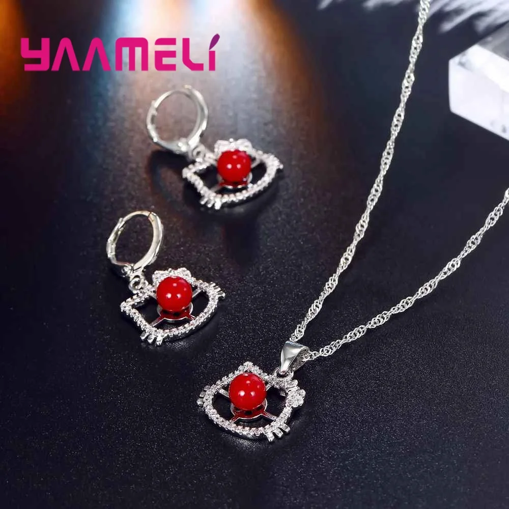 

Lovely Romantic Necklace Pendant+Drop Earrings Sets Cubic Zirconia Hot 925 Sterling Silver Cat Shape Crystal Jewelry
