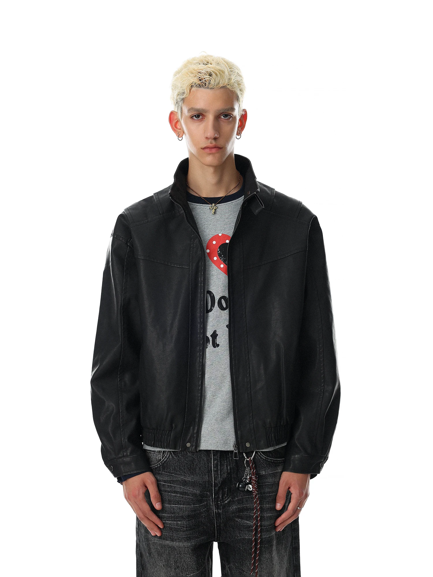 American Retro Deconstructed Stand Collar Jacket Men's Short Bomber Pilot Outerwear Loose Fit No Ironing Processing