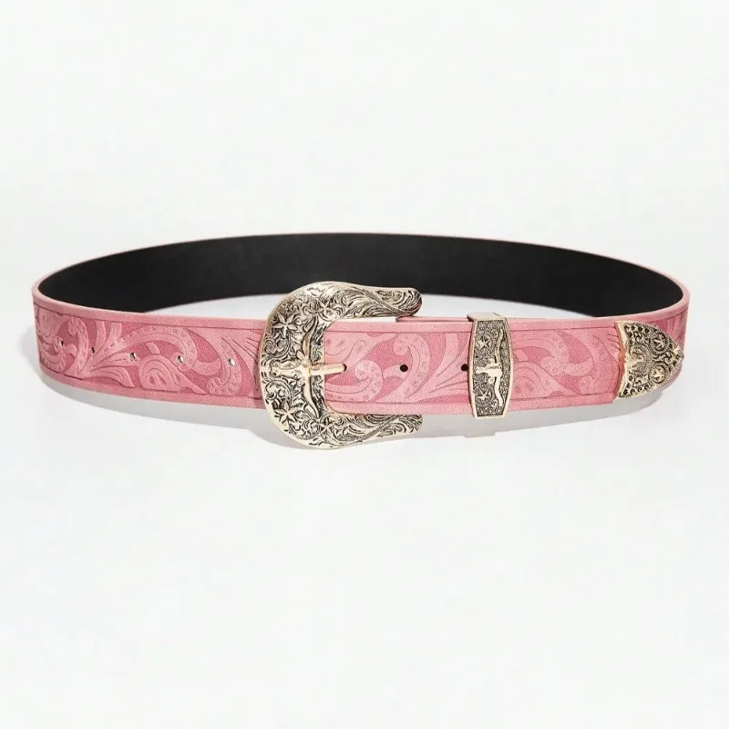 Women Western Cowboy Belt, Retro Floral Embossed PU Leather Belt, Vintage Gold Carved Buckle Waist Belt for Jeans Dress