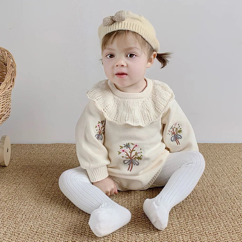 Novo bebê de malha macacão outono bordado bebê meninas macacão babados colarinho manga longa roupas recém-nascidos infantil macacões do bebê