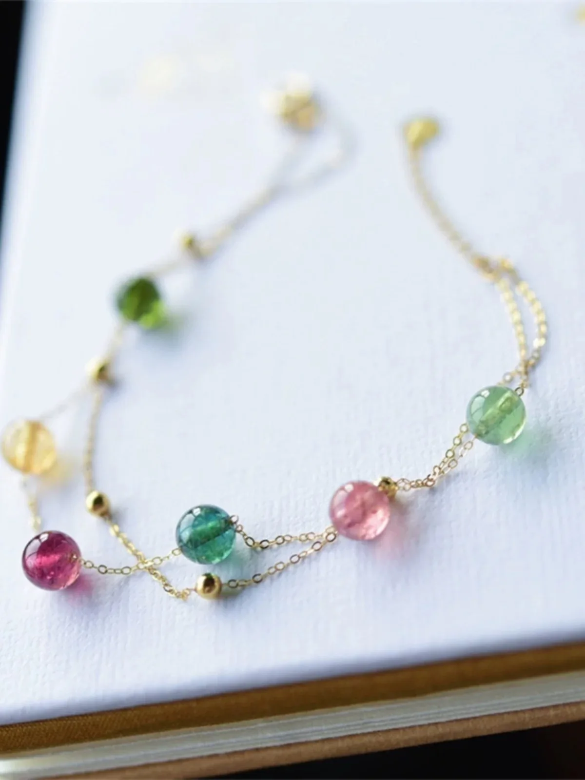 New 18K gold Natural Tourmaline Bracelet Fine jewelry AU750 bead double-layer Original Design gift for women S508
