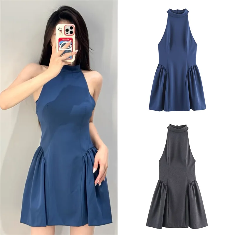 가을 신상 여성 의류 스파이시 걸 패셔너블 슬림핏 단색 멜빵 홀터넥 민소매 원피스