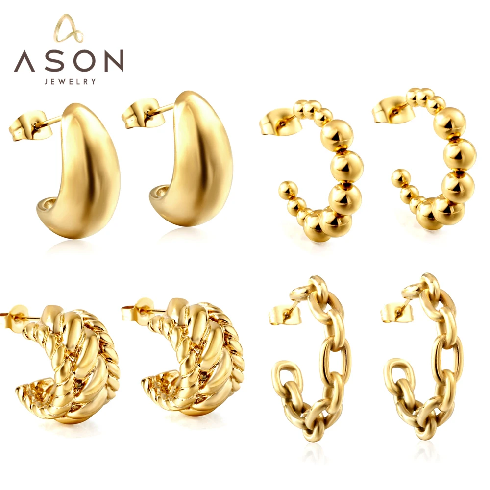 ASONSTEEL Classic Large Half Hoops Stud Earrings Piercing Gold Color Stainless Steel For Women Men Simple News Jewelry 2023