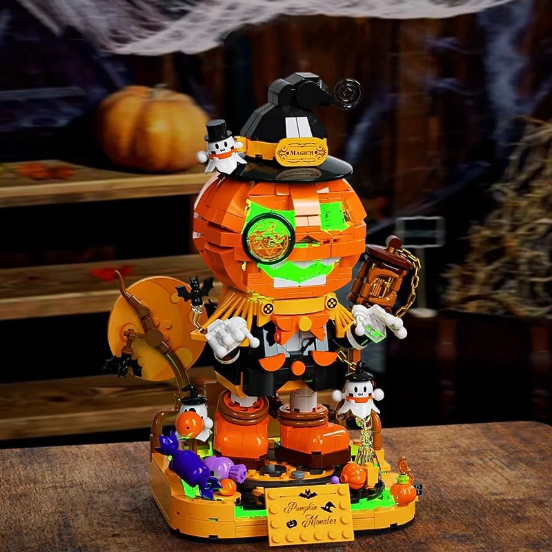 Lovely Cartoon Building Block Construction Sets Brick Halloween Pumpkin Elves Figures Toys With Light For All Saints Day Gift