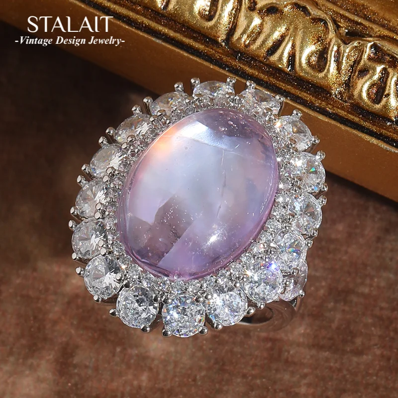 

Vintage Purple Cat Eye Glass Rings For Women Cubic Zircon Wedding Oval Party Luxury Designer Jewelry 2025 New Trendy