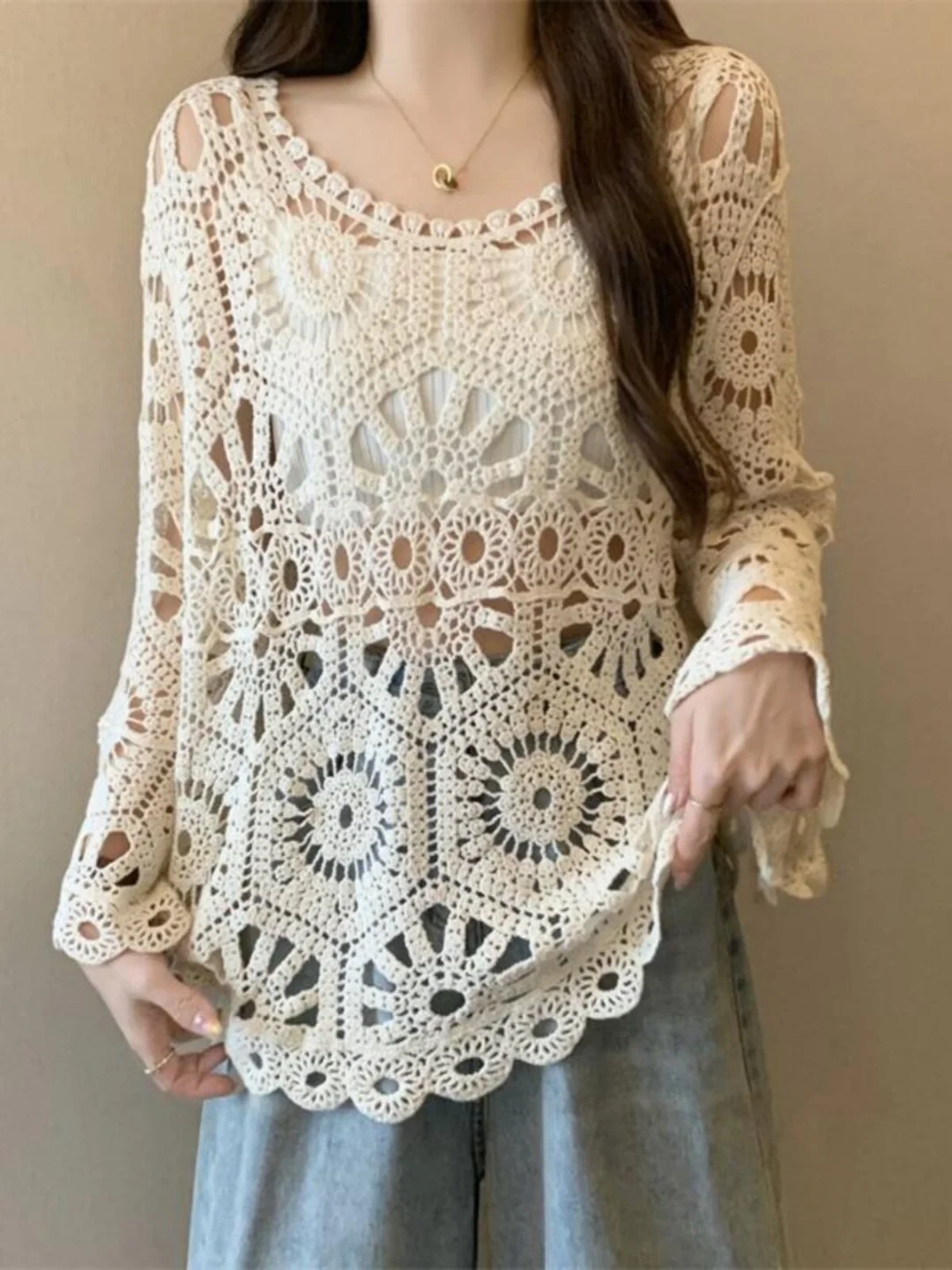 Bohemian Lace Hollow Knitted Sweater Summer Large Size Women's Outerwear Bell Sleeve Top Bright Thread Coolmax Fiber