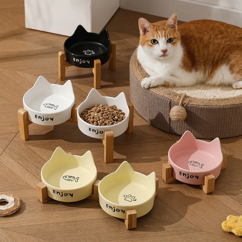 Bol en céramique Yuechong pour chat, anti-déversement, pour nourriture et eau, avec support surélevé en bambou pour chats d'intérieur et petits chiens