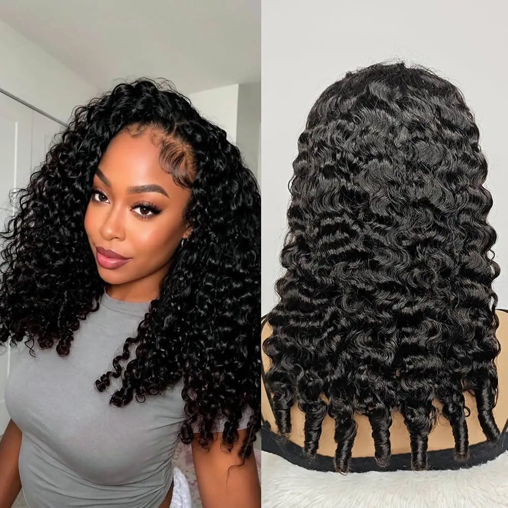 Burmese Curly Clip-In Machine Wigs 250% Density 3 IN 1 Half Wigs Flip Over Beginner Friendly Go Drawstring Wig No Glue No Sew Natural Color & Easy Install