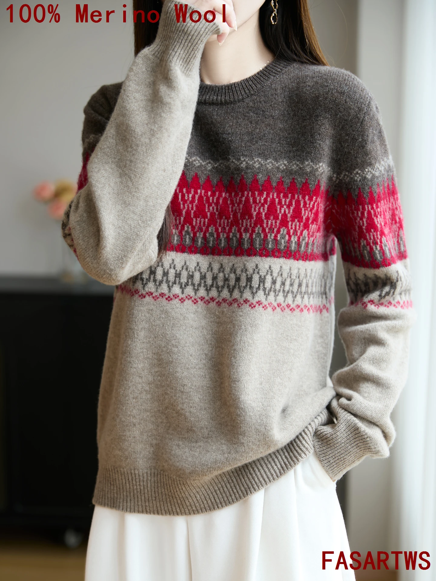 

Quality 100% Merino Wool Sweater O-Neck Pullover Plus Size Loose Knit Coat Women Fashion Jacquard Sweater Autumn Winter Trendy