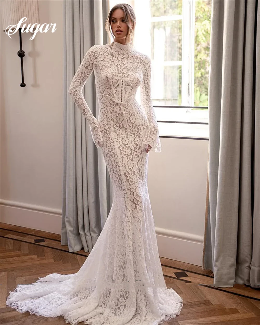 Maßgeschneidertes, atemberaubendes Hochzeitskleid mit Stehkragen und langen Ärmeln, Spitzendetails, rückenfrei, 2025, schmales Brautkleid in Meerjungfrauenform