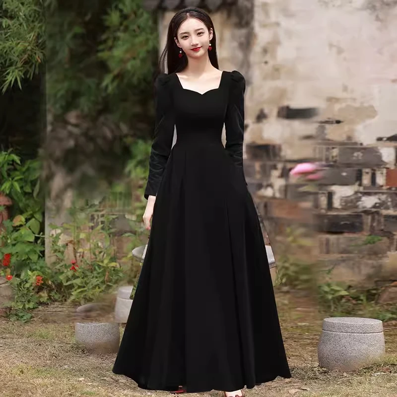 

Black evening dress annual meeting velvet light luxury niche high-end vocal art examinee birthday banquet dress skirt host