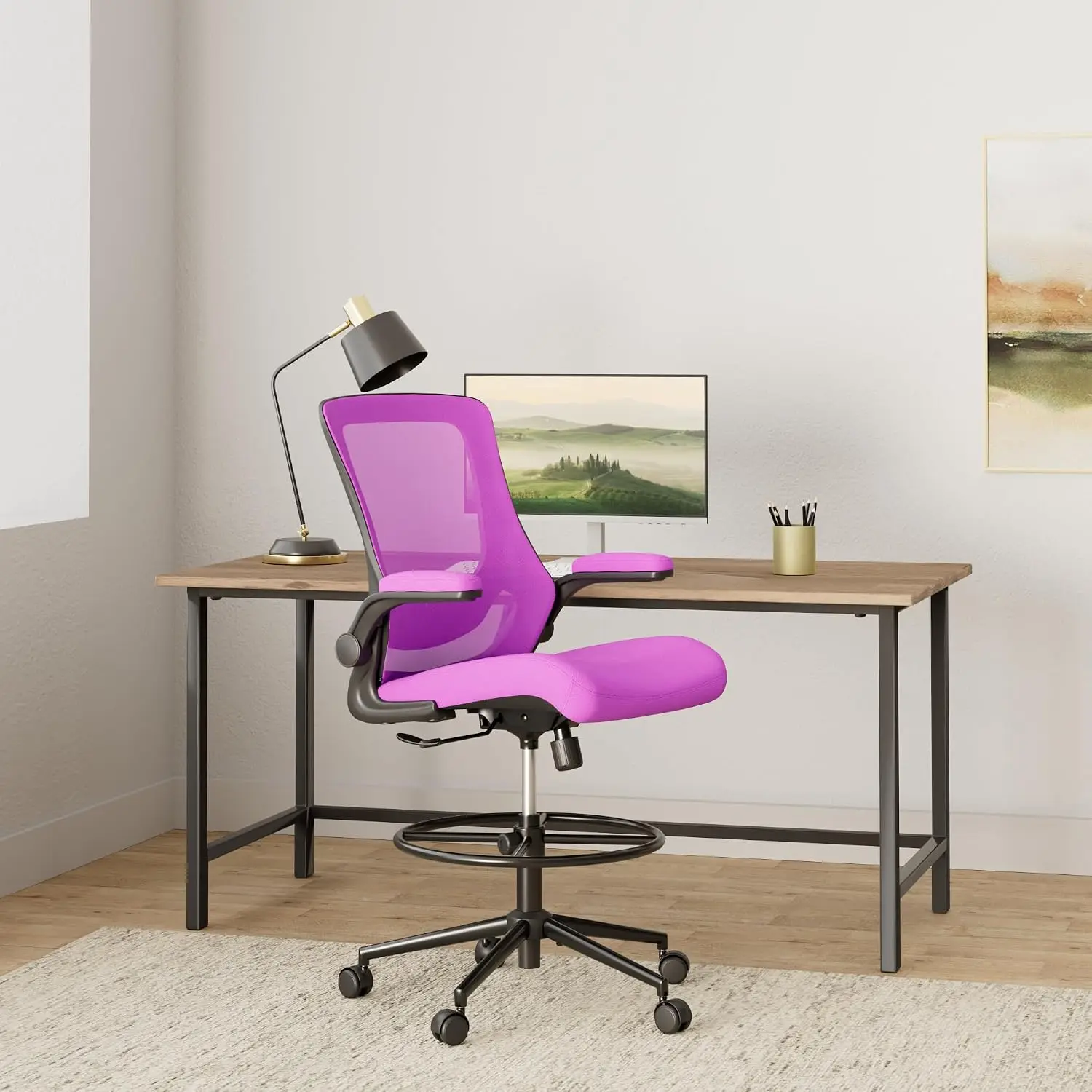 Tall Drafting Chair with Adjustable Lumbar Support, Flip-up Arm & Footrest Ring for Standing Desk, Customized