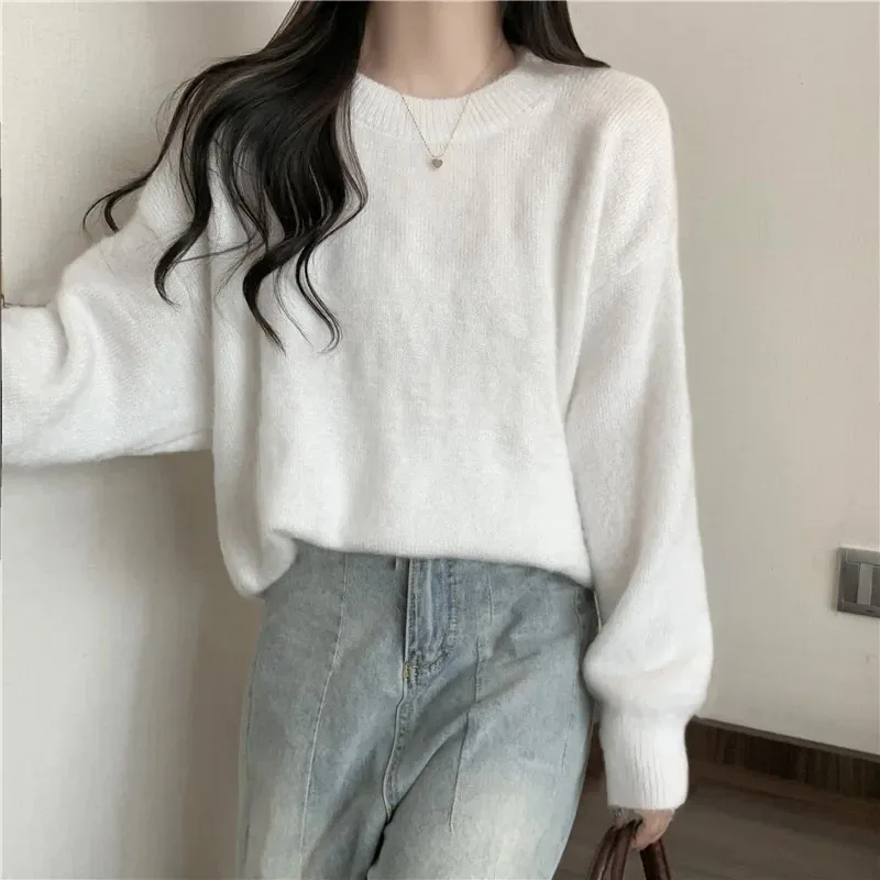 Casual White Knitted Sweaters Women Autumn Basic Long Sleeve O-neck Sweater Woman Chic Striped Solid Color Turtlneck Pullovers