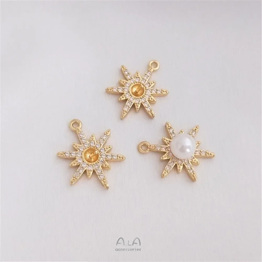 14K Gold Plated Micro Set Zircon Mang Star Snowflake Half Hole Pearl Holder Pendant DIY Star Pendant C093