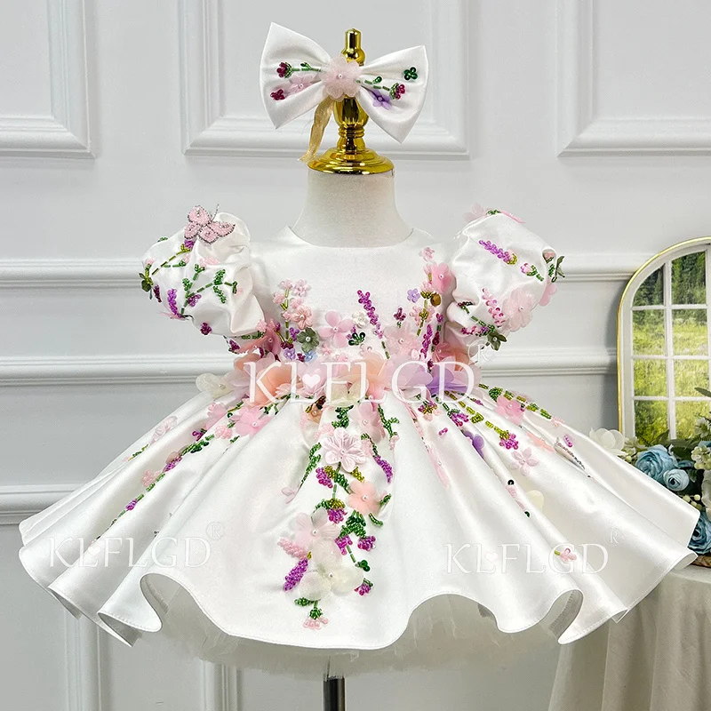 KLFLGD Luxurious High-End Hand Embroidered Dress, Elegant and Gorgeous Party Dress, White Satin Fluffy Dress