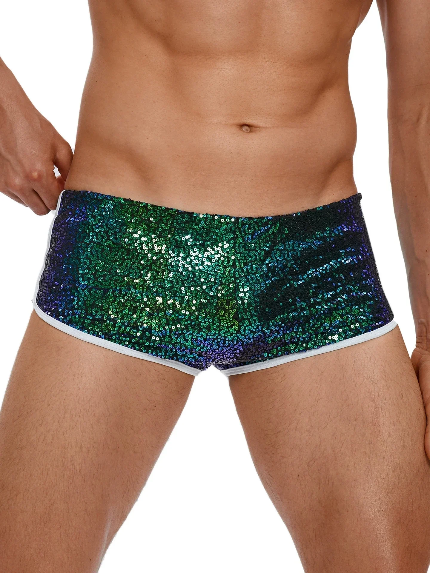 Candy Color Men Low Waist Hot Shorts Sequin Shiny Stage Performance Dance Wear Man Mini Lift Butt Mini Dance Shorts Plus Size