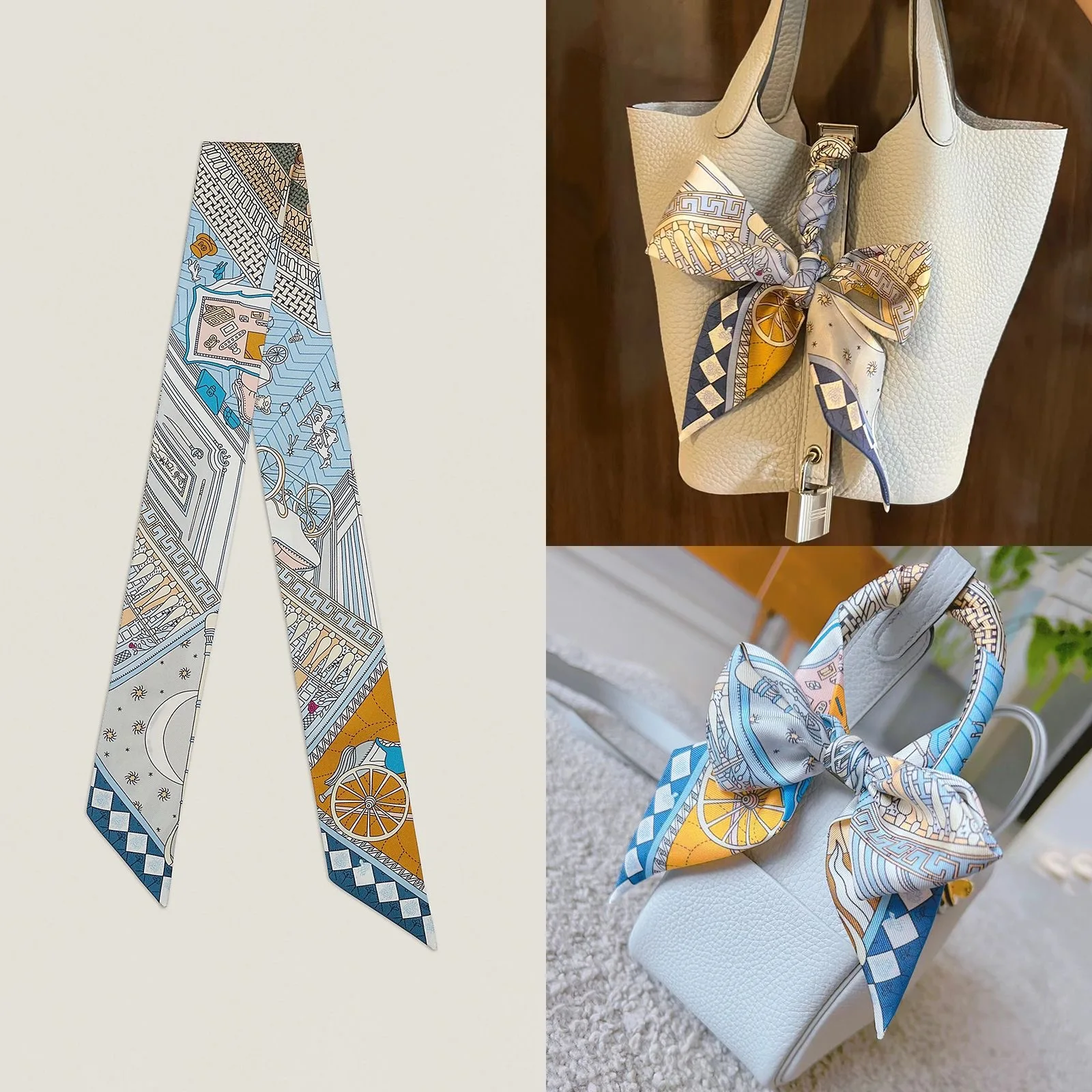 Sciarpa di seta stampata esotica per borse Elastici per capelli Bordo inclinato su entrambi i lati Striscia stretta Simulazione multiuso Nastro di raso