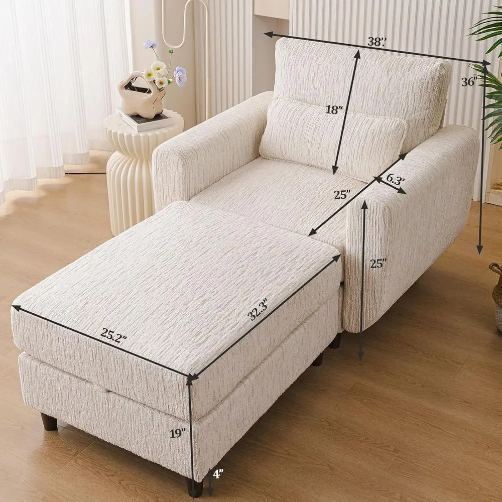White Velvet Deep Seat Accent Chair with Ottoman, 25in Seat Depth, Ideal for Living Room, Bedroom or Office