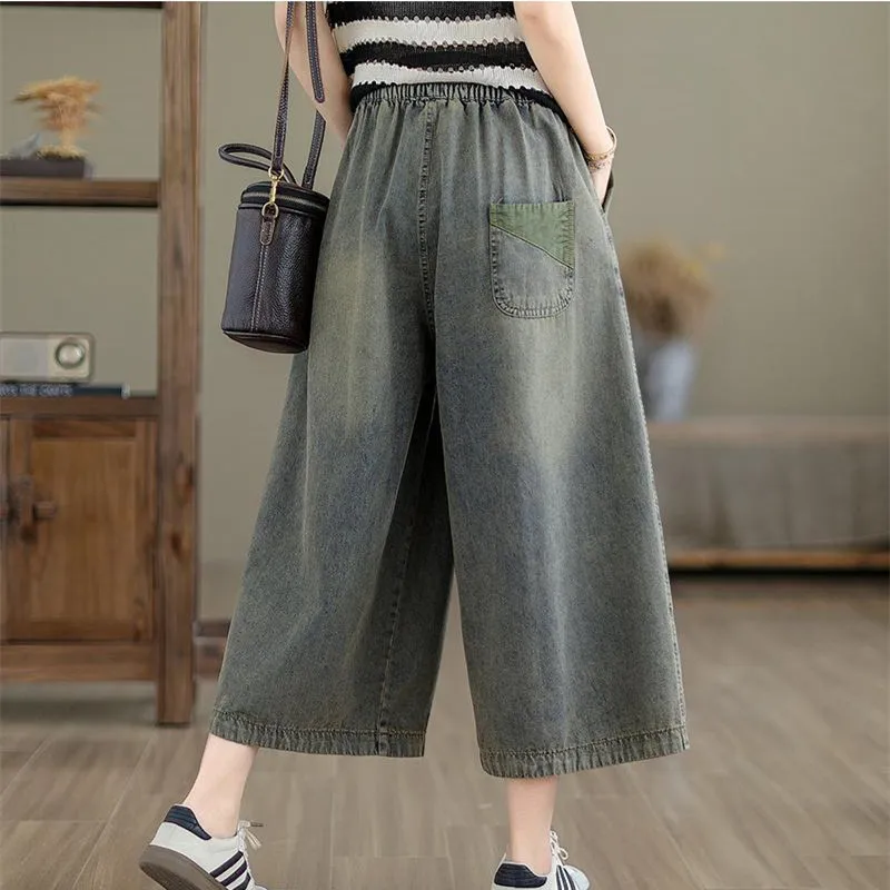 Pantalones vaqueros de pierna ancha para mujer, Vaqueros Retro lavados con bordado Vintage, cintura elástica, holgados hasta el tobillo, 2024