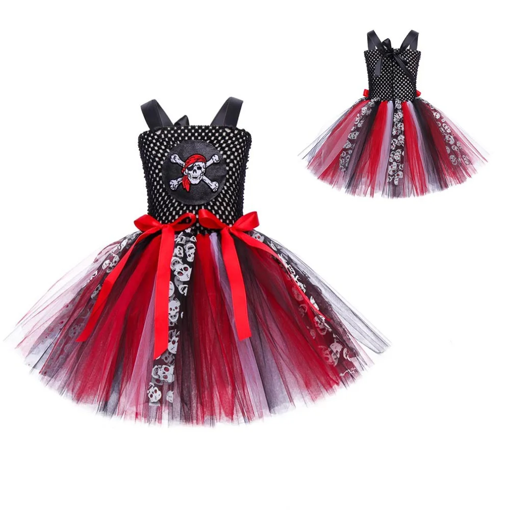 Girls Pirate Princess Tutu Dress Sling Corset Bodice Black White Tulle Skirt  Eye Patch For Halloween Cosplay Party Outfit view 6