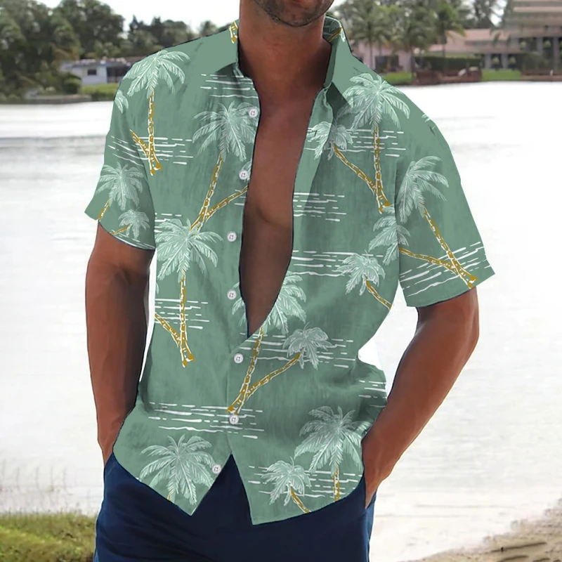 2024 Retro Men's Shirt Coconut Tree Print Short Sleeve Shirts Beach Casual Man Clothing Loose Oversized Hawaiian Shirts For Men