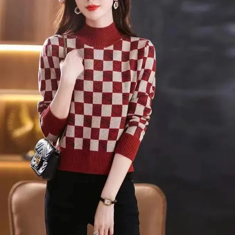 

Женская одежда в стиле ретро, свитер с длинными рукавами, вязаный пуловер, осень-зима, удобные топы с геометрическим рисунком контрастного цвета и круглым вырезом