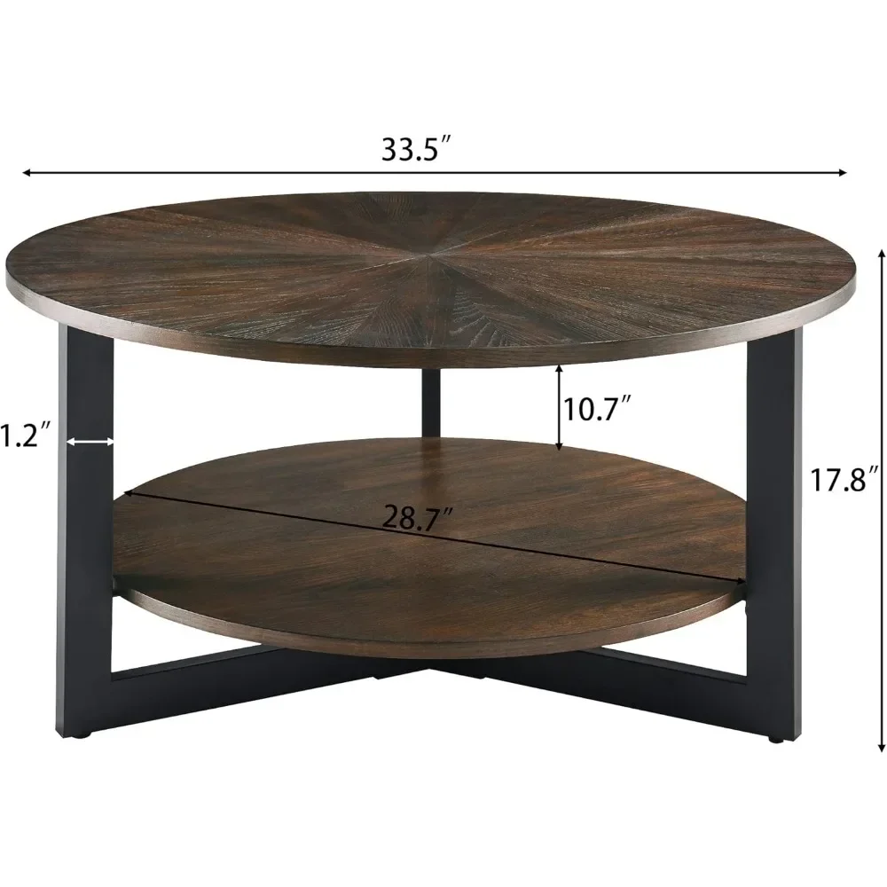 Mesa de centro redonda com prateleira de armazenamento, pernas de metal preto para coquetel de sala de estar de fazenda, mesa de chá central circular de madeira maciça