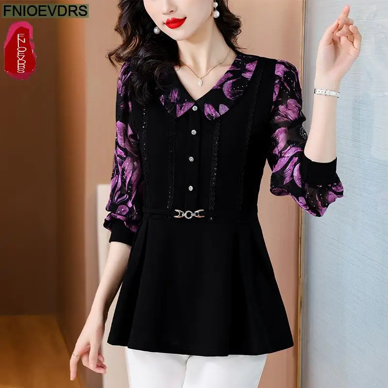 Retro Vintage Purple Ruffles Peplum Tops New Design Women 2024 Autumn Long Sleeve Sequined Tunic Button Shirts Blouses