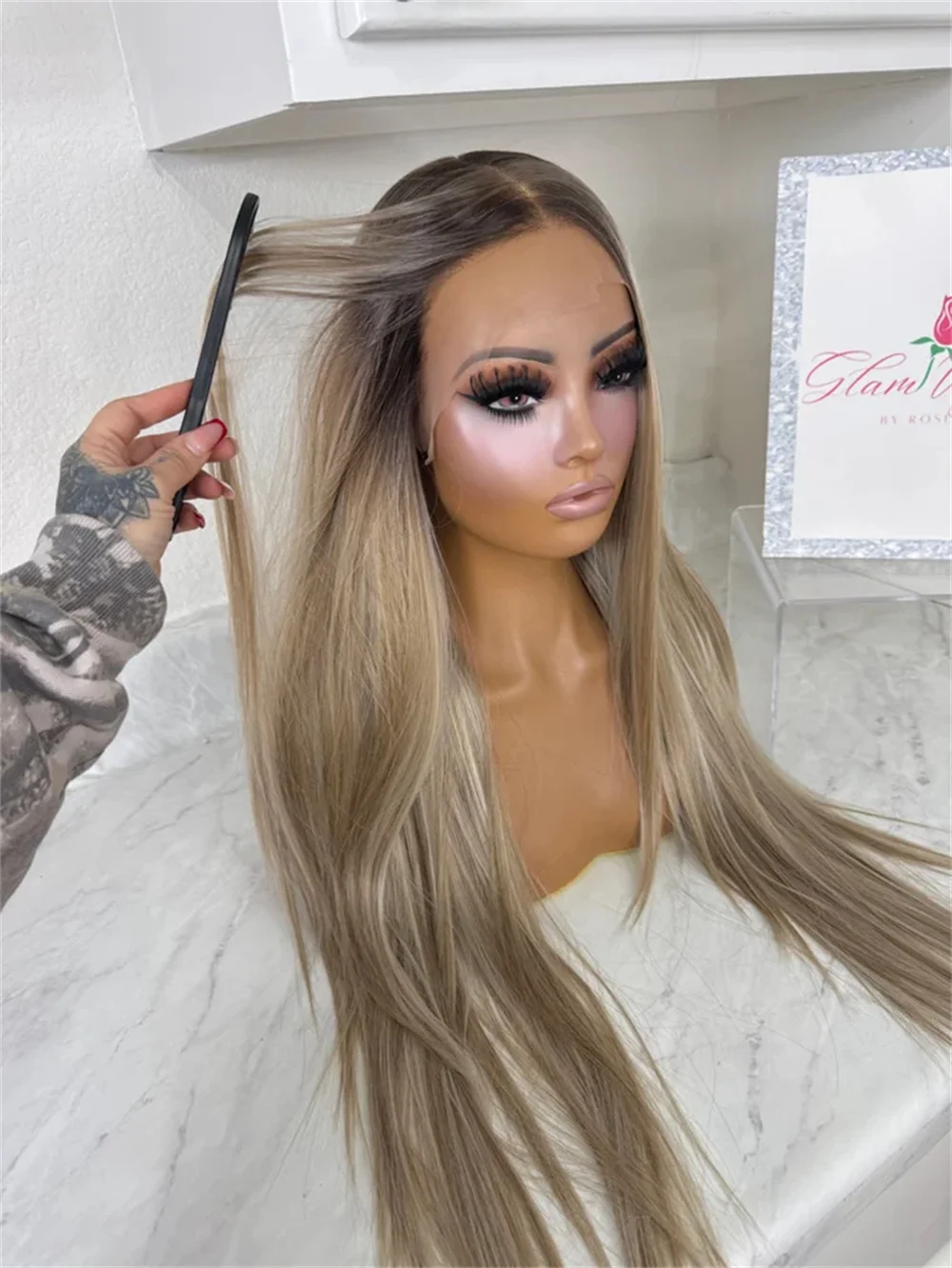 30 Inch Super Long Straight Wig Ombre Ash Blonde Brown Highlights Synthetic HD Lace Front Wig Realistic Hairline High Heat Fiber